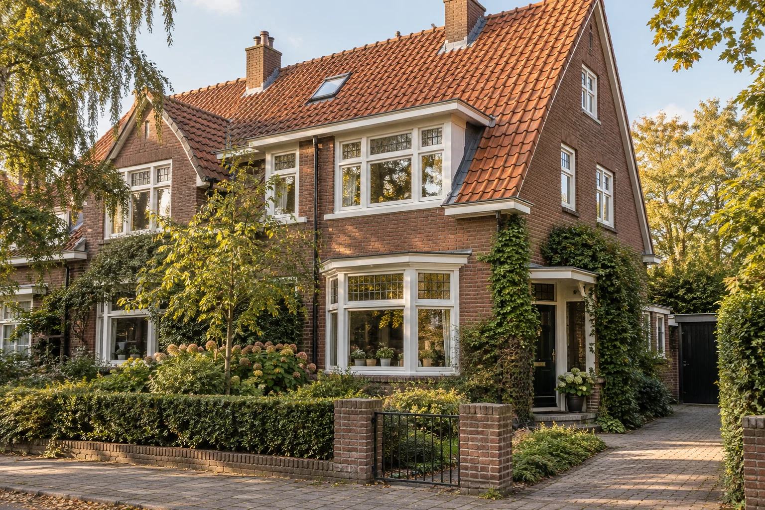 Karakteristieke bakstenen woning met een rood pannendak, witte kozijnen en een groene voortuin